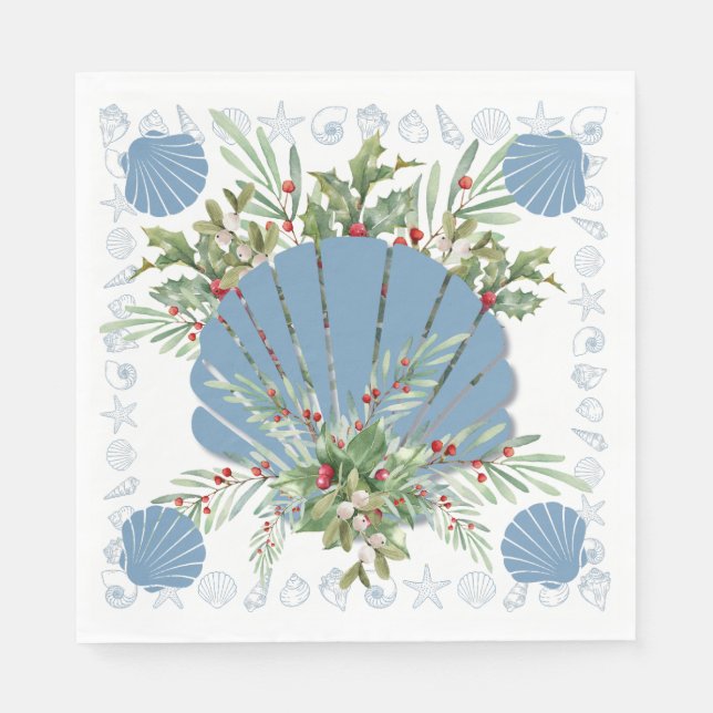 Blue Seashell Coastal Weihnachten Serviette (Vorderseite)