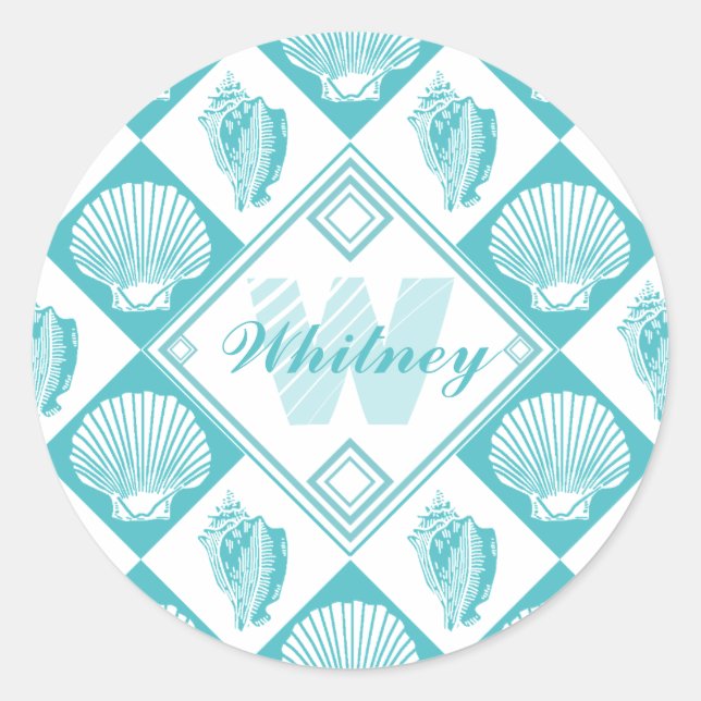 Blue Seashell Diamond Nautical Beach Monogram Runder Aufkleber (Vorderseite)