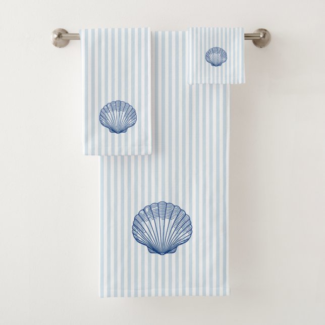 Blue Seashell Nautical Blue Stripe Malerei Badhandtuch Set (Insitu)