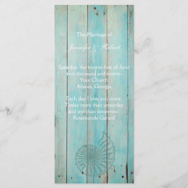 Blue Seashell on Wood Beach Wedding Program Programm (Vorderseite)