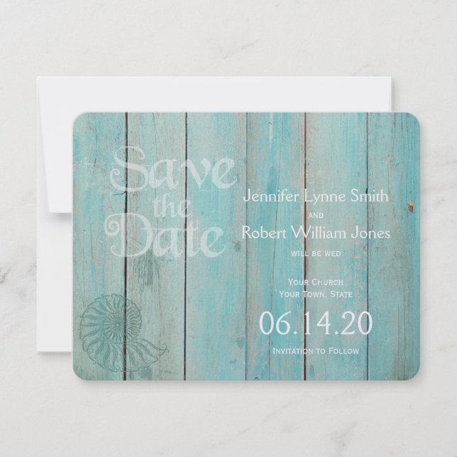Blue Seashell on Wood Beach Wedding Save the Date (Vorderseite)