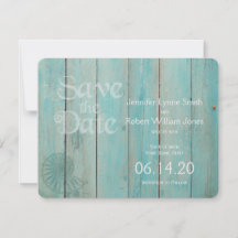 Blue Seashell on Wood Beach Wedding Save the Date