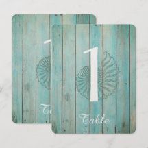 Blue Seashell on Wood Beach Wedding Tischnummer