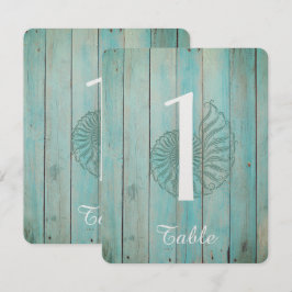 Blue Seashell on Wood Beach Wedding Tischnummer