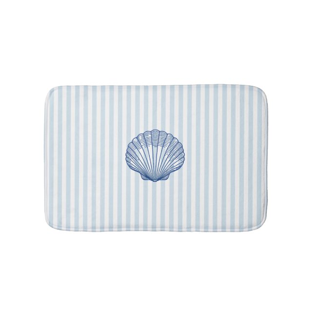 Blue Seashell Painting Nautical Blue Strip Badematte (Vorderseite)