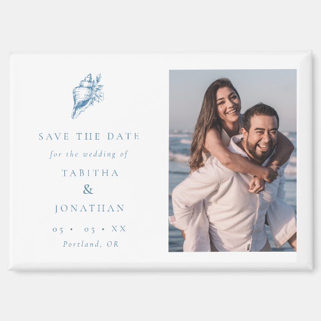 Blue Seashell Photo Coastal Wedding Save the Date Magnet (Vorderseite)