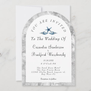 Blue Seashell Silver Gray Watercolor Beach Wedding Einladung