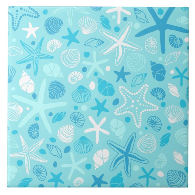 Blue Seashell & Star Bathroom Art Fliese (Vorderseite)