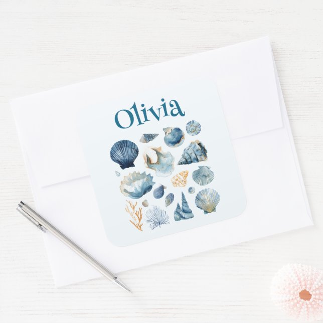 Blue Seashell Sticker | Custom Name (Umschlag)