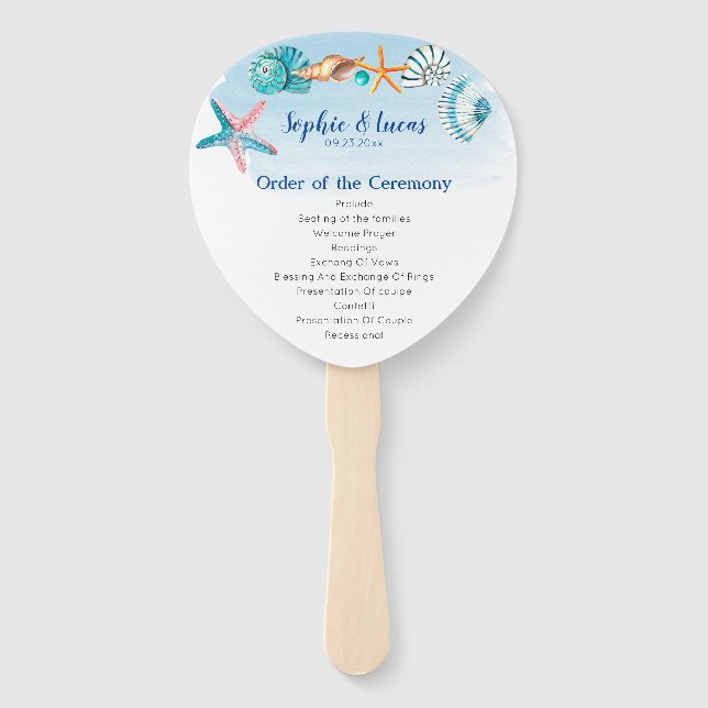 Blue Seashell Watercolor Theme Wedding Program Fächer (Vorderseite)