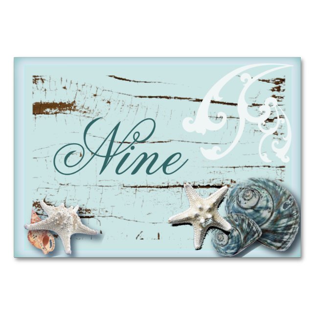 Blue Seashells Beach Wedding Tischnummer (Rückseite)