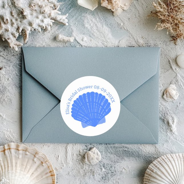 Blue Seashells CUSTOM Brautparty Wedding Runder Aufkleber (Blue Seashells CUSTOM Bridal Shower Wedding Classic Round Sticker
)