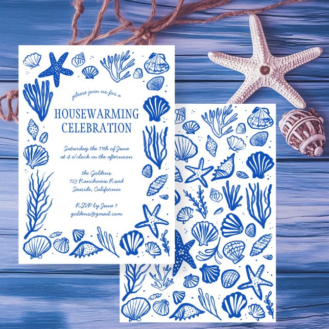 Blue Seashells Custom HOUSEWARMING PARTY Einladung (Beach Blue Seashells Custom HOUSEWARMING PARTY New Home Address Party Invitation
)