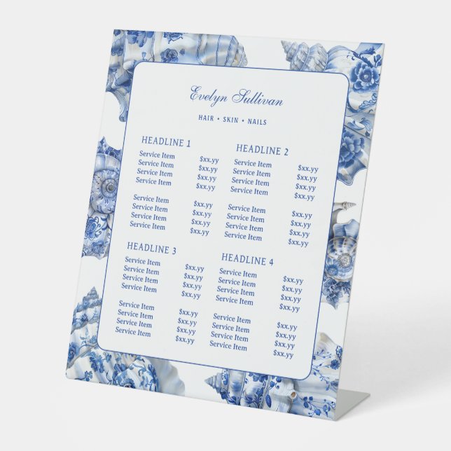 Blue Seashells Price List Pedestal Sign Sockelschild (Vorderseite)