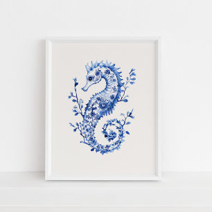 Blue Seepferd - Coastal Blue on Beige Wall Art Poster