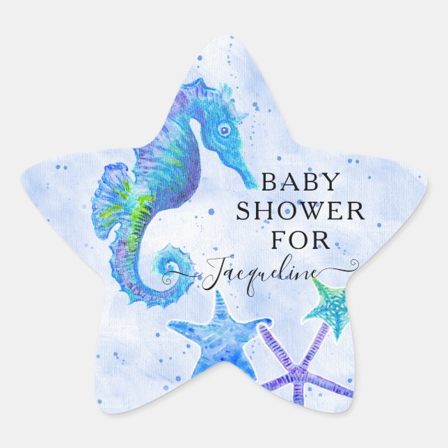 Blue Seepferd in Starfish Beach Babydusche Stern-Aufkleber (Vorderseite)