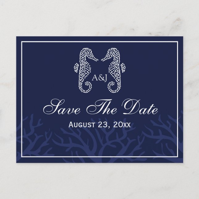Blue Seepferd Monogram Save the Date Postkarten (Vorderseite)