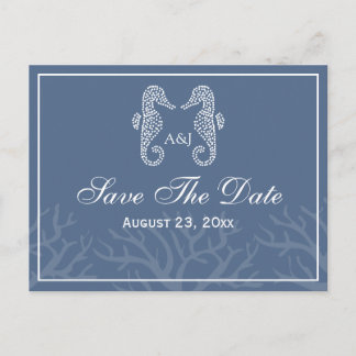 Blue Seepferd Monogram Save the Date Postkarten