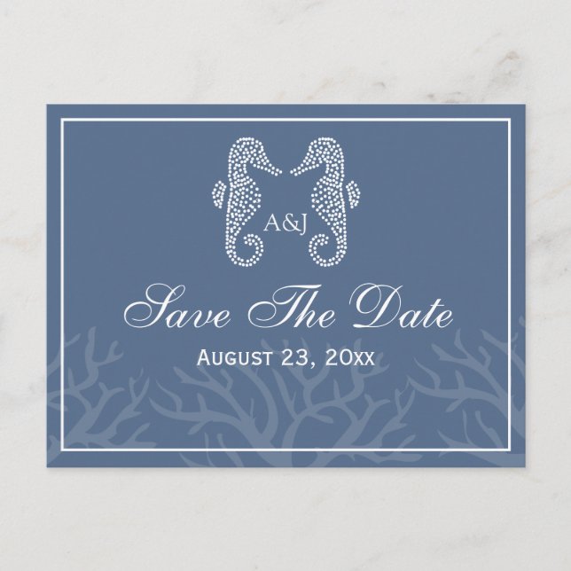 Blue Seepferd Monogram Save the Date Postkarten (Vorderseite)