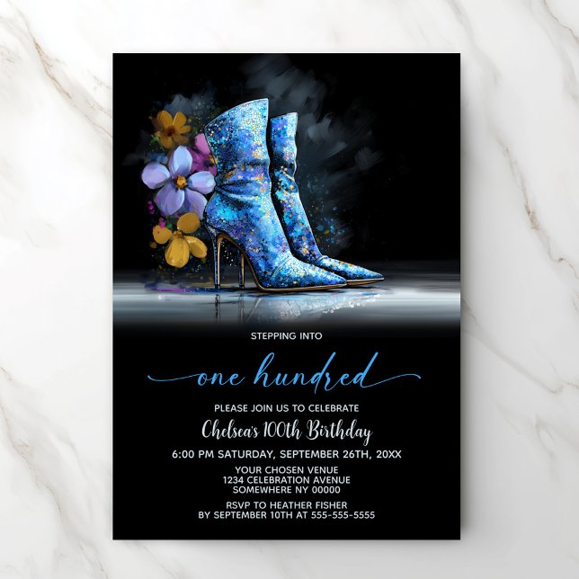 Blue Sequin Boots 100th Birthday Party Einladung (Von Creator hochgeladen)