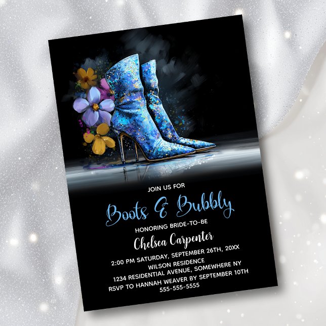 Blue Sequin Boots and Bubbly Bridal Shower Einladung (Von Creator hochgeladen)