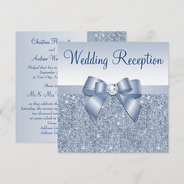 Blue Sequins & Jeweled Bow Wedding Reception Einladung (Vorne/Hinten)