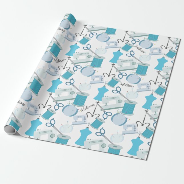 Blue Sewing Theme Quilters Geschenkpapier (Ungerollt)
