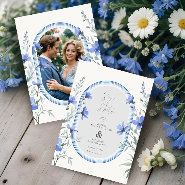 Blue Shades Cherish Botanical Wildflowers Branches Save The Date (Announce your wedding with elegance and style using our Delicate Blue Shades Cherish Botanical.)