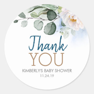 Blue Shades Greenery und White Blume Baby Dusche Runder Aufkleber