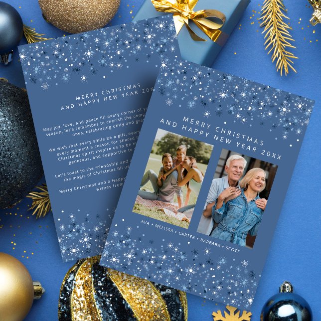 Blue Shades Snowflakes Weihnachten Stilvolle 2 Fot (Blue Shades Snowflakes Christmas Stylish Collage 2 Photos Family Holiday Card with Envelope. )