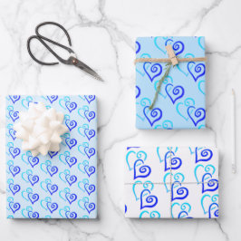 Blue Shades Two Linked Heart Pattern Geschenkpapier Set