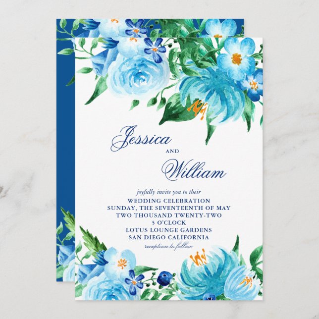 Blue Shades Watercolor Florals Wedding Einladung (Vorne/Hinten)