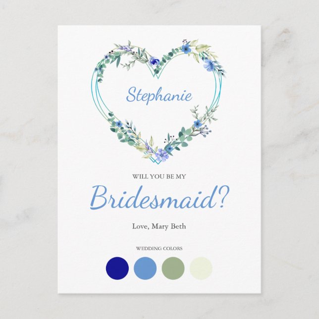 Blue Shades Wreath Heart for Bridesmaids Proposal Einladungspostkarte (Vorderseite)