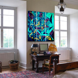 Blue Shark 3D Form Aquamarin Gelb flüssig Abstrakt Triptychon