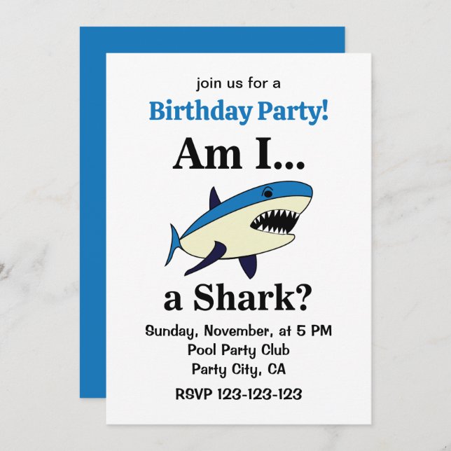 Blue Shark Funny Birthday Party Einladung (Vorne/Hinten)