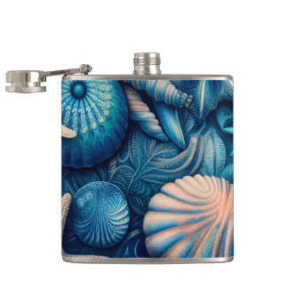 Blue Shells Beach Batik Starfish Sand Dollar Flachmann