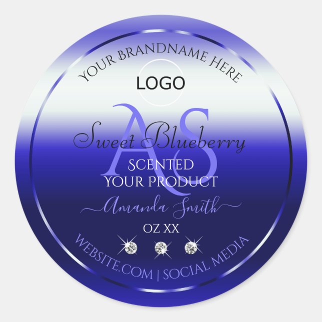 Blue Shimmery Product Labels Initials Jewels Logo Runder Aufkleber (Vorderseite)