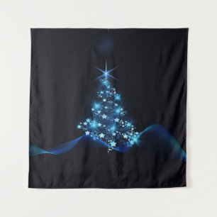 Blue Shine of Stars on Christmas Tree Dark Wandteppich