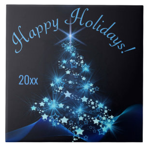 Blue Shine of Stars on Christmas Tree Dark Year Fliese