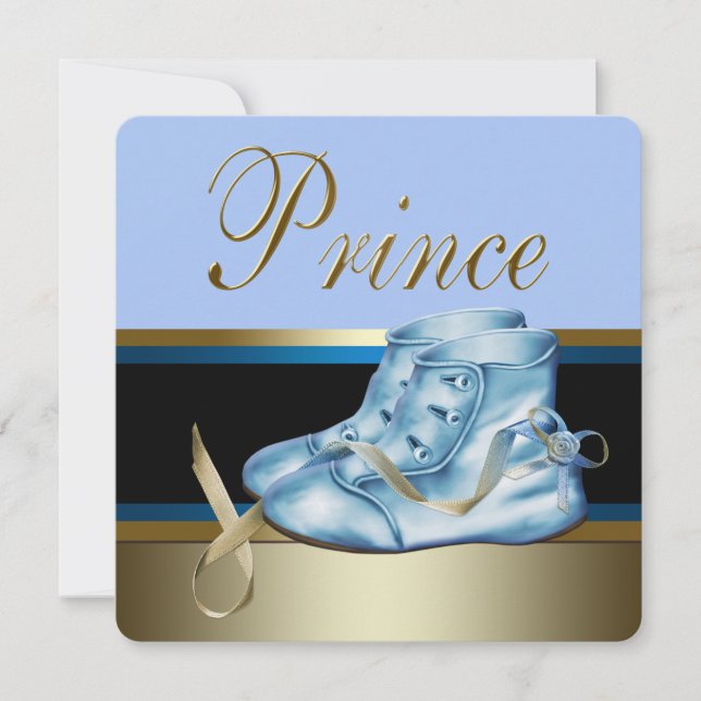 Blue Shoes Black Gold Crown Prince Baby Dusche Einladung (Vorderseite)