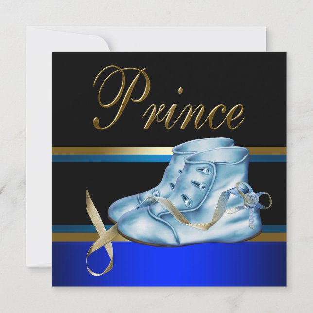 Blue Shoes Black Gold Crown Prince Baby Dusche Einladung (Vorderseite)