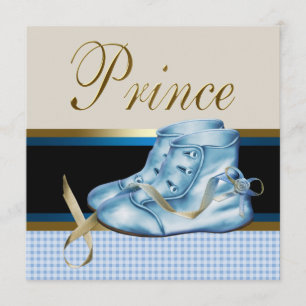 Blue Shoes Black Gold Crown Prince Baby Dusche Einladung
