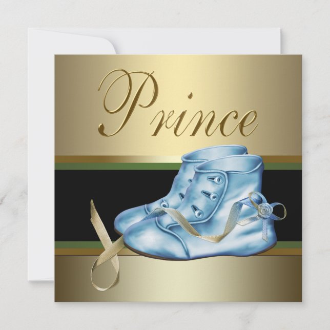 Blue Shoes Gold Crown Prince Baby Dusche Einladung (Vorderseite)