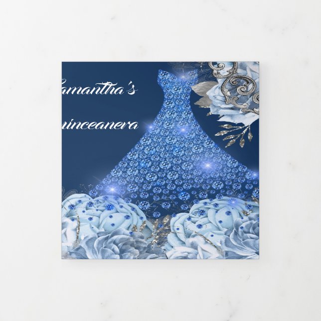 Blue silber Rose Frauen FOTO Blumengeburt Dreifach Gefaltete Einladung (Cover)