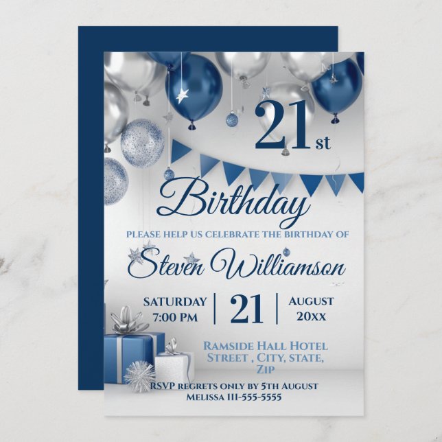 Blue Silver 21. Geburtstag Einladung (Vorne/Hinten)