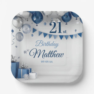 Blue Silver 21. Geburtstag Pappteller