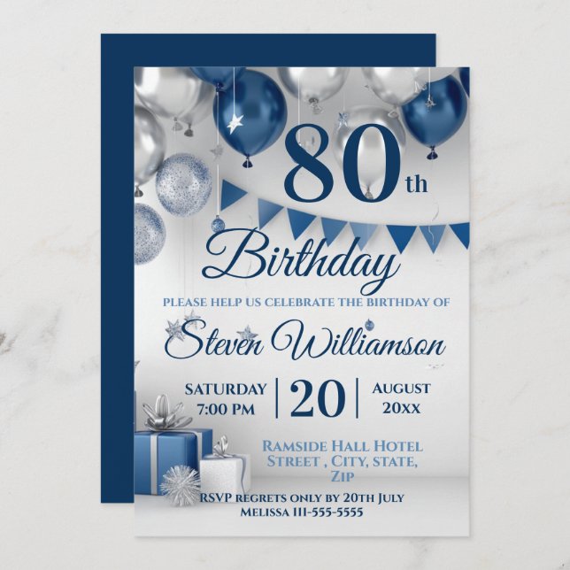 Blue Silver 80. Geburtstag Einladung (Vorne/Hinten)