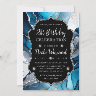 Blue, Silver and Gold Alcohol Tinte 21. Geburtstag Einladung