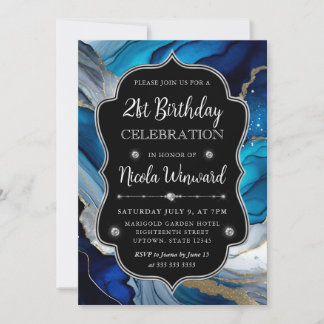 Blue, Silver and Gold Alcohol Tinte 21. Geburtstag Einladung