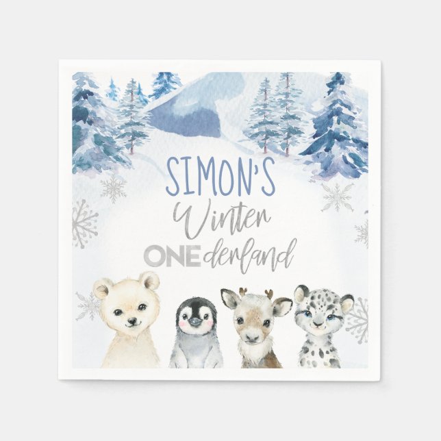 Blue Silver Arctic Winter Onederland Geburtstag Serviette (Vorderseite)
